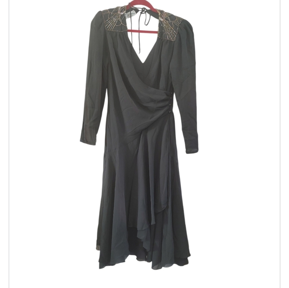 Chic Black Dress with Gold Bead Detailing Long Sleeve Dress